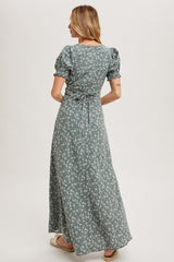 Sage Floral Print V-Neck Maxi Dress