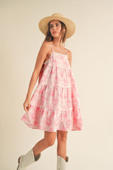 Pink Floral Tiered Scallop Trim Mini Dress