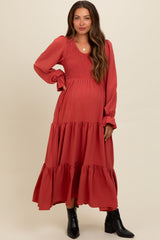 Rust Smocked Tiered Long Sleeve Maternity Maxi Dress