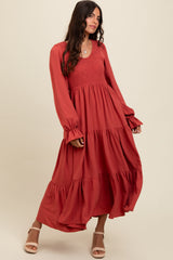 Rust Smocked Tiered Long Sleeve Maternity Maxi Dress