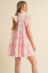 Off White Pink Flutter Sleeve Babydoll Mini Dress