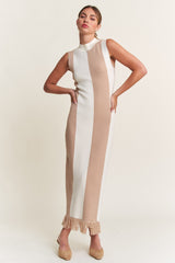 Ivory Striped Knit Fringe Hem Maternity Maxi Dress