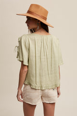 Green Lily Linen Bow Tie Sleeve Pleated Blouse Top