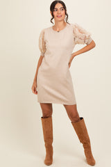 Beige Knit Beaded Floral Mesh Sleeve Mini Dress