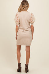 Beige Knit Beaded Floral Mesh Sleeve Maternity Mini Dress