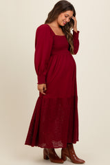 Burgundy Smocked Eyelet Lace Hem Maternity Maxi Dress