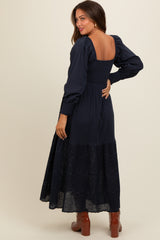 Navy Blue Smocked Eyelet Lace Hem Maternity Maxi Dress