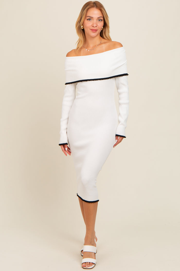 Ivory Knit Off Shoulder Contrast Ruffle Trim Maternity Dress