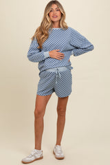 Blue Checkered Plaid Pullover Shorts Maternity Set