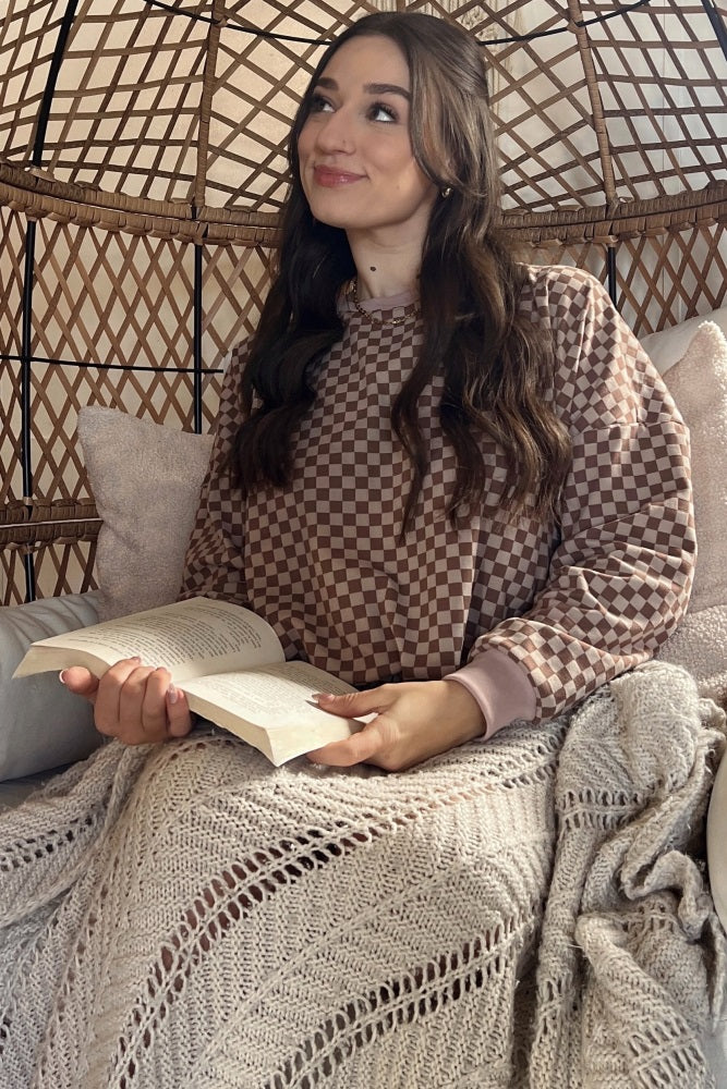 Mocha Checkered Plaid Pullover Shorts Set