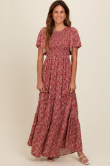 Burgundy Floral Smocked Flutter Sleeve Maxi Dress