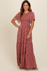 Burgundy Floral Smocked Flutter Sleeve Maxi Dress