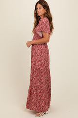 Burgundy Floral Smocked Flutter Sleeve Maxi Dress