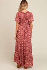 Burgundy Floral Smocked Flutter Sleeve Maternity Maxi Dress