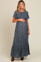 Navy Blue Floral Smocked Flutter Sleeve Maternity Maxi Dress