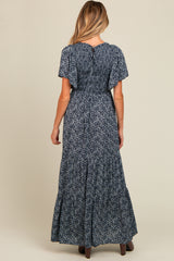 Navy Blue Floral Smocked Flutter Sleeve Maternity Maxi Dress