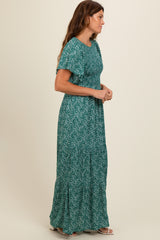 Deep Teal Floral Smocked Flutter Sleeve Maxi Dress