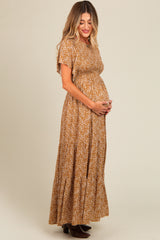 Camel Floral Smocked Flutter Sleeve Maternity Maxi Dress