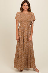 Camel Floral Smocked Flutter Sleeve Maternity Maxi Dress