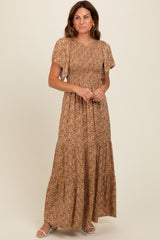 Camel Floral Smocked Flutter Sleeve Maxi Dress