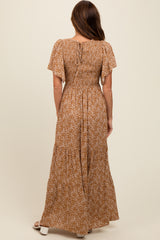 Camel Floral Smocked Flutter Sleeve Maxi Dress