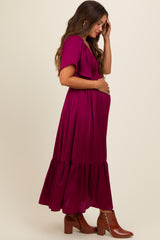 Deep Red Satin Smocked Maternity Midi Dress