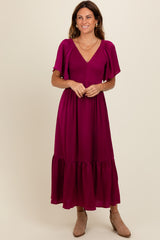 Deep Red Satin Smocked Maternity Midi Dress