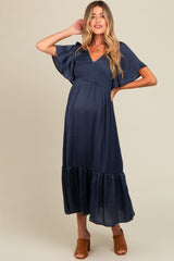 Navy Blue Satin Smocked Maternity Midi Dress