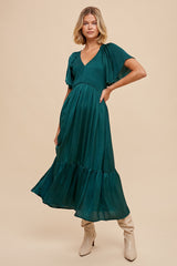 Olive Satin Smocked Maternity Midi Dress