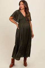 Olive Satin Smocked Maternity Midi Dress