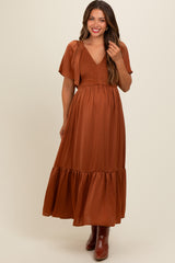 Camel Satin Smocked Maternity Midi Dress