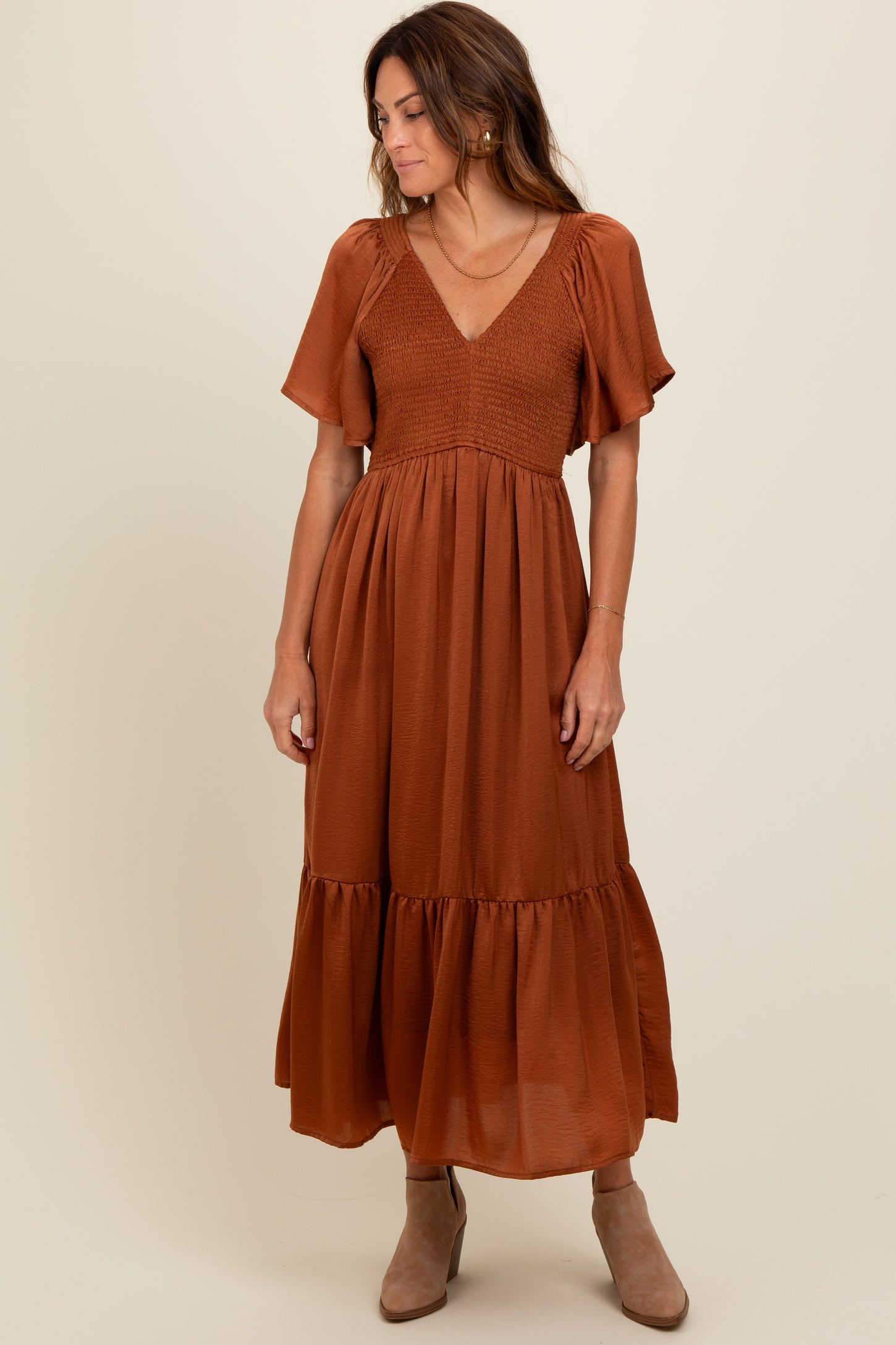 Camel Satin Smocked Midi Dress
