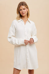 White Rolled Cuff Maternity Button Down Dress