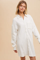 White Rolled Cuff Button Down Dress