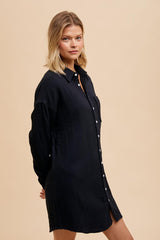 Black Rolled Cuff Button Down Dress