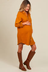 Camel Rolled Cuff Maternity Button Down Dress