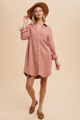 Mauve Rolled Cuff Button Down Dress