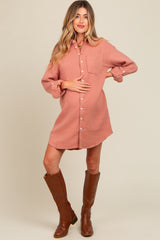 Mauve Rolled Cuff Maternity Button Down Dress