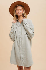 Light Olive Rolled Cuff Button Down Dress