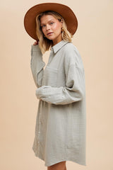 Light Olive Rolled Cuff Button Down Dress