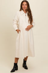 Cream Half Zip Front Pocket Collared Maternity Midi Dress