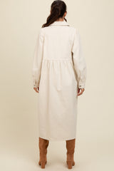 Cream Half Zip Front Pocket Collared Midi Dress