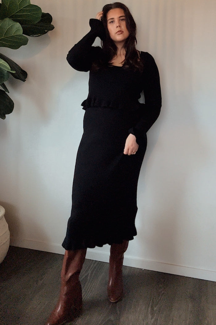 Black Ruffle Hem Knit Top And Midi Skirt Set