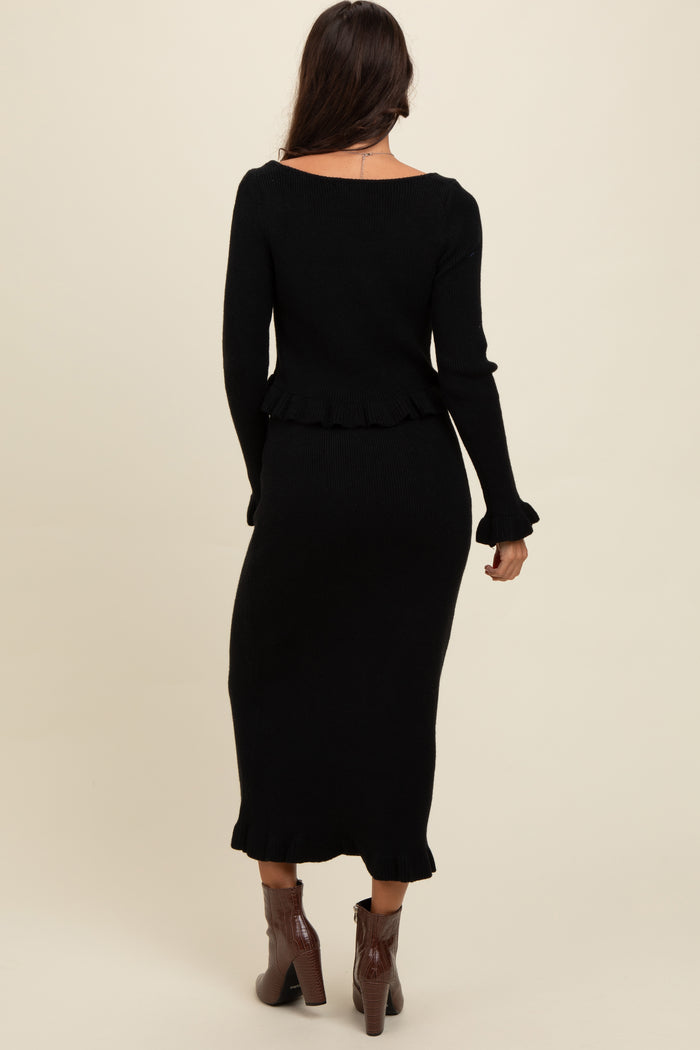 Black Ruffle Hem Knit Top And Midi Skirt Set