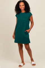 Green Front Pocket Line Textured Short Sleeve Dress