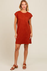 Rust Front Pocket Line Textured Short Sleeve Dress