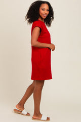 Deep Red Front Pocket Line Textured Short Sleeve Dress