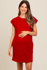 Deep Red Front Pocket Line Textured Short Sleeve Maternity Dress