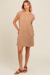 Mocha Front Pocket Line Textured Short Sleeve Maternity Dress