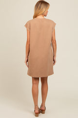 Mocha Front Pocket Line Textured Short Sleeve Dress